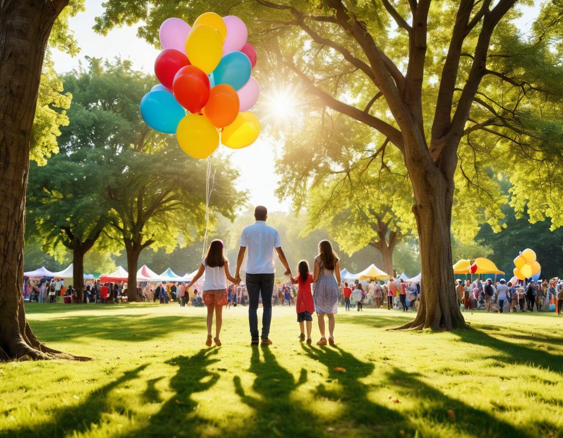 A cheerful family enjoying a vibrant local celebration in a sunny park, with colorful balloons, festive decorations, and children playing games. Include a diverse group of people sharing moments of joy, laughter, and bonding, surrounded by food stalls offering local delicacies. Incorporate an atmosphere of happiness and community spirit, with soft golden light filtering through trees. super-realistic. vibrant colors. white background.