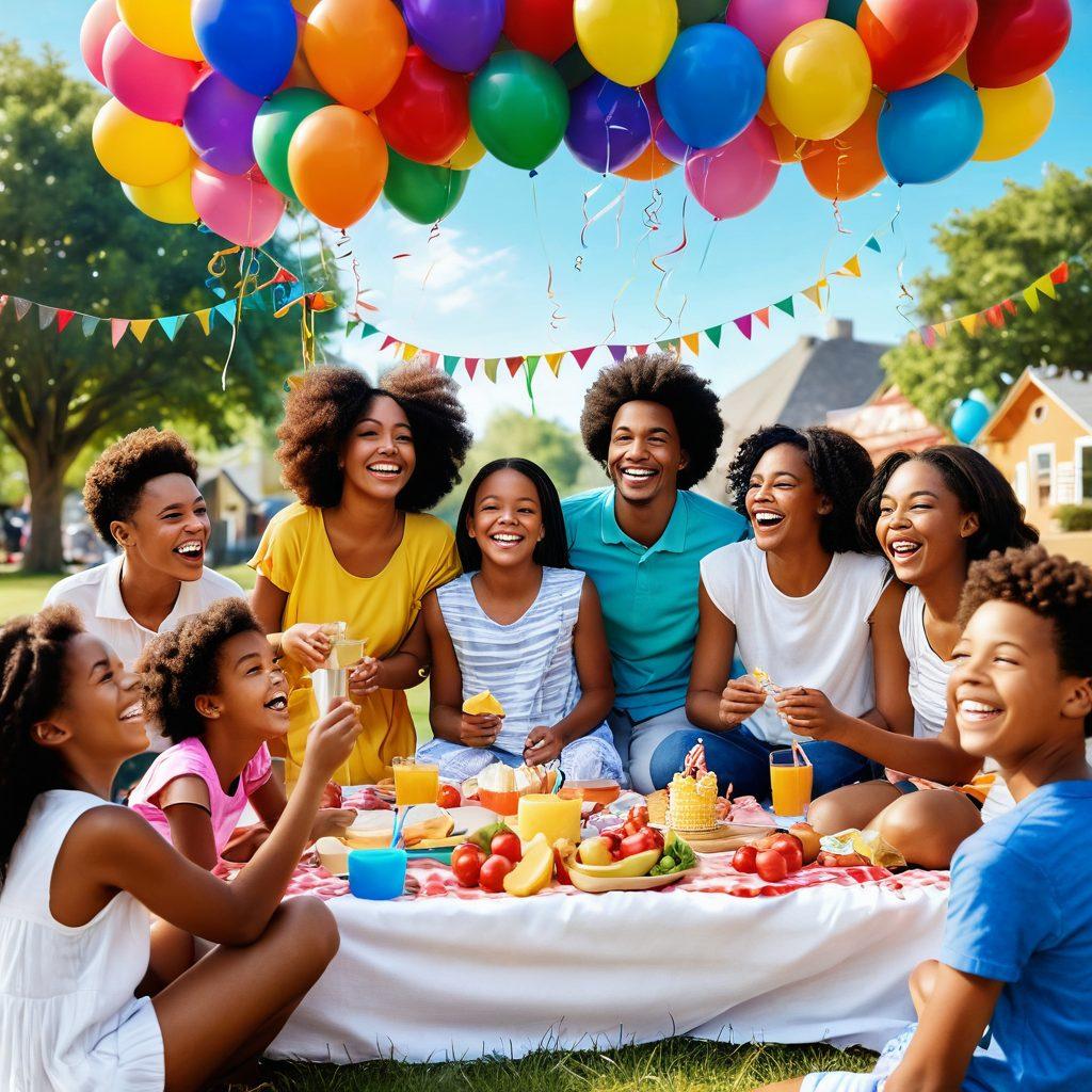 A vibrant collage showcasing diverse community members sharing joyful moments: laughing children, families celebrating milestones, and friends enjoying a sunny outdoor picnic, all exuding warmth and positivity. The background features colorful balloons and streamers to enhance the festive atmosphere. Capture the essence of togetherness and good vibes. super-realistic. vibrant colors. 3D.