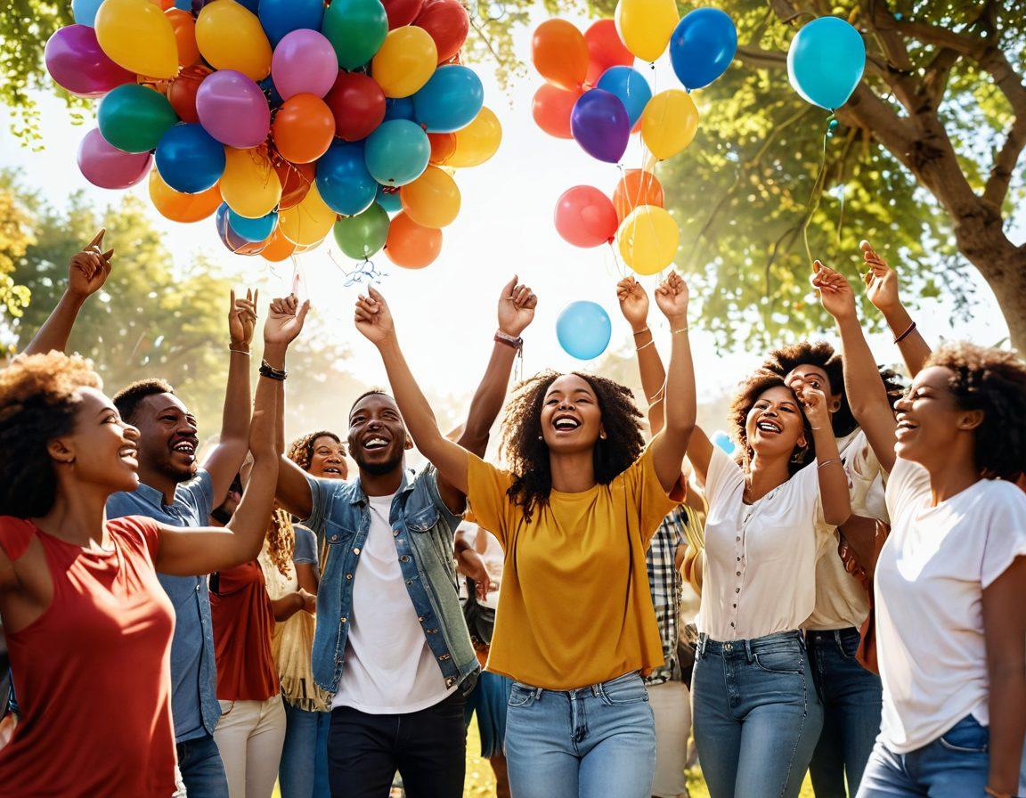 An uplifting scene featuring a diverse group of people celebrating at a vibrant outdoor festival, colorful decorations and balloons in the background, with joyful expressions as they connect amidst music and laughter. Sunlight streaming through trees, creating a warm and inviting atmosphere. Super-realistic. Vibrant colors. 3D.